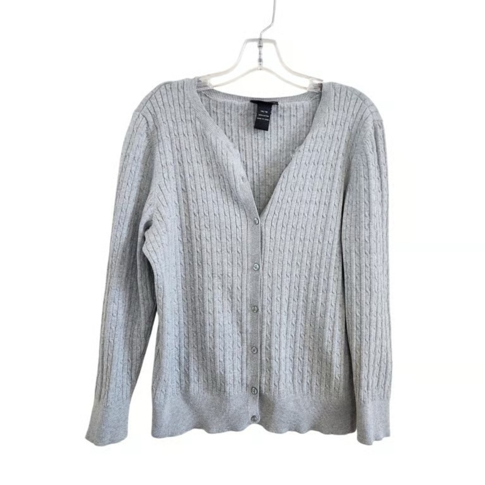 Classic Light Gray Cable Knit Button-Front Sweater Cardigan